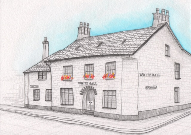 Llun pensil o'r Whitehall yn Pwllheli